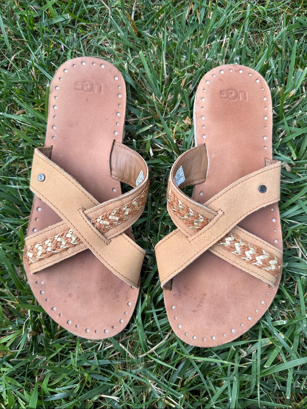 UGG Tan Braided Cross-Strap Slide Sandals